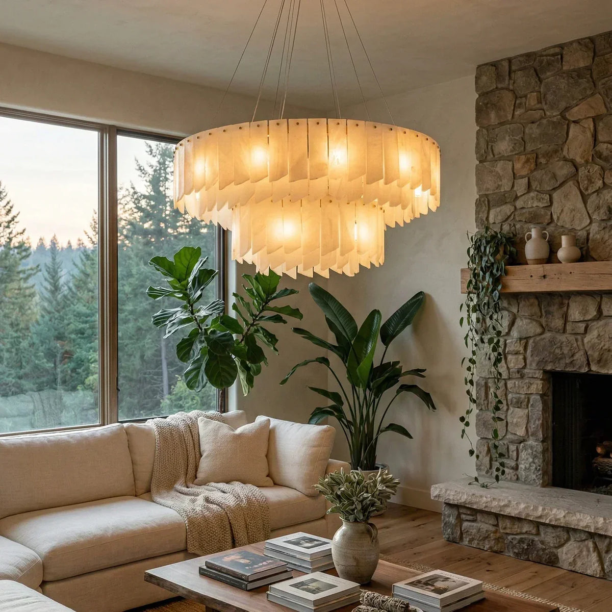 Snowflake Gypsum Waterfall-Style Double-Tier Chandelier — Pamlamp