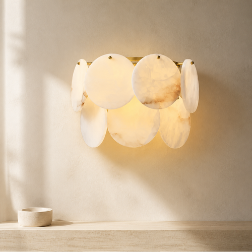 Alabaster Double Layer Round Wall Lamp in a warm neutral Pamlamp interior