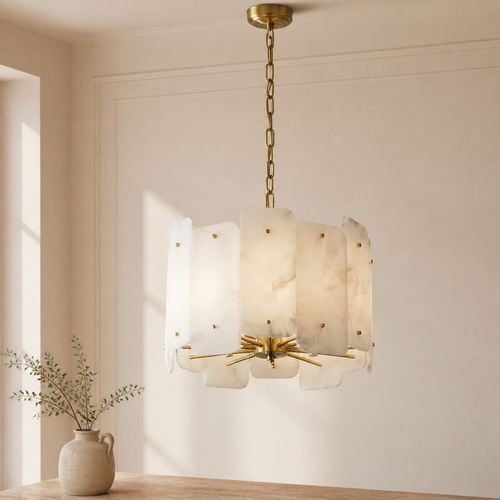 Alabaster Lorry Round Copper Chandelier in a warm neutral Pamlamp interior