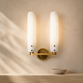 Alan Glass Double Sconce for Living Room in a warm neutral Pamlamp interior