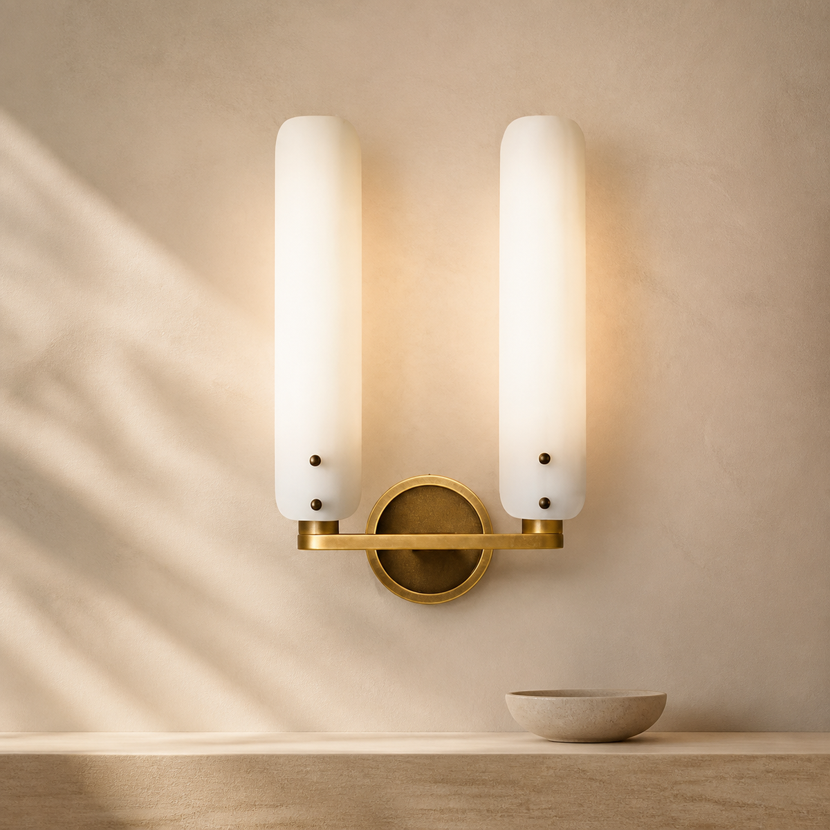 Alan Glass Double Sconce for Living Room in a warm neutral Pamlamp interior