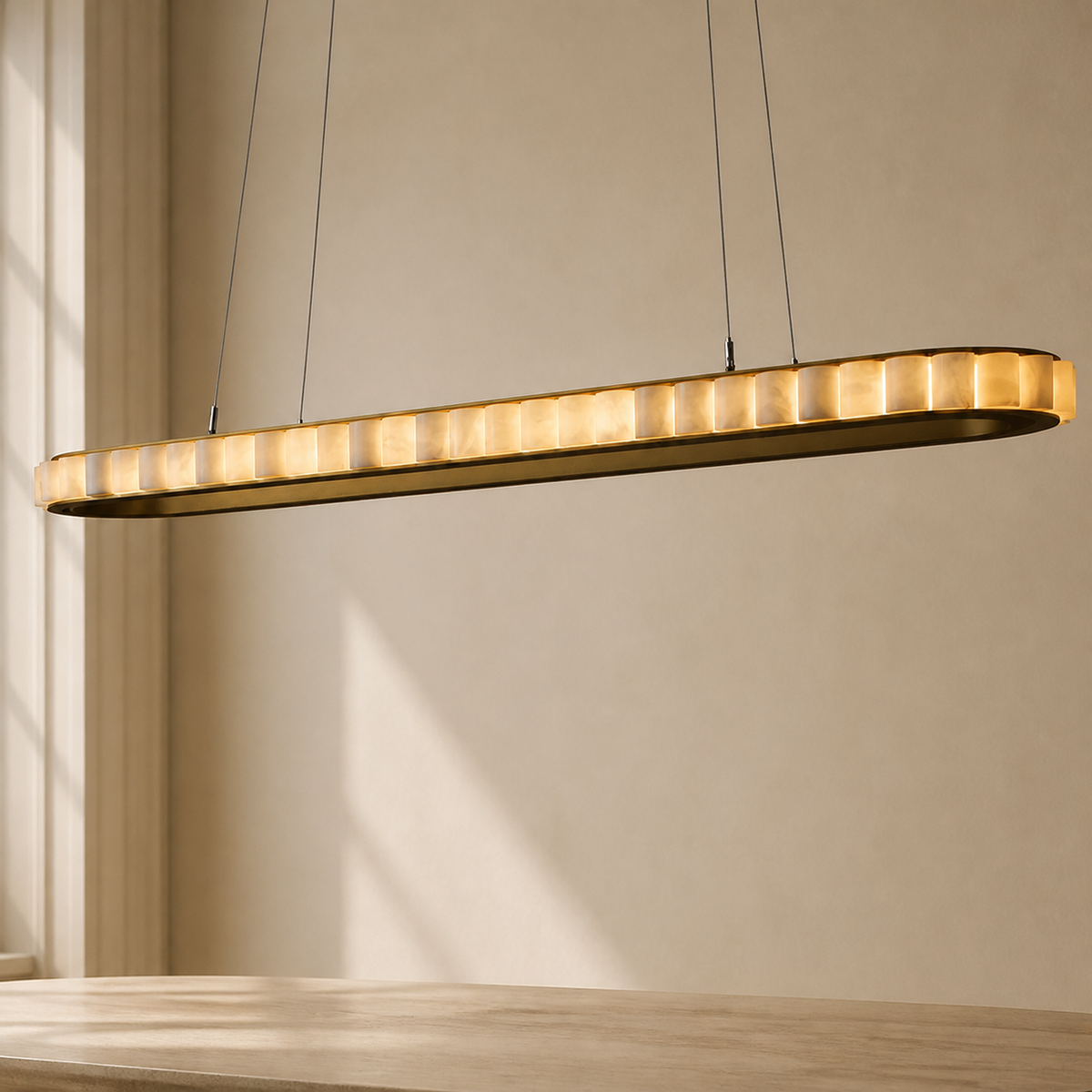 AurumLume Oval Marble LED Pendant Light in a warm neutral Pamlamp interior