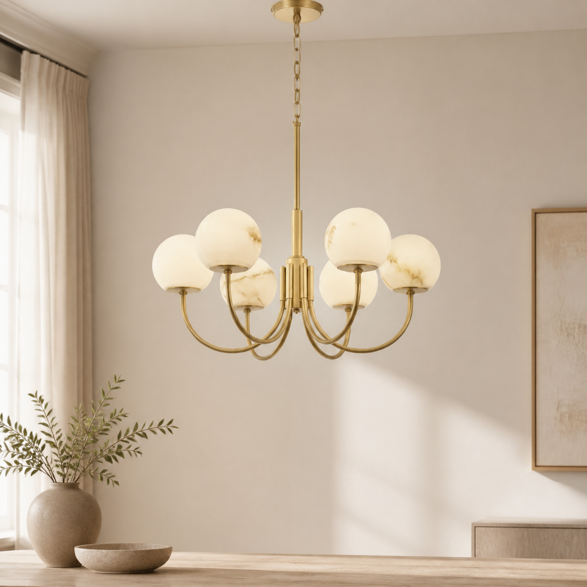 Bosso Alabaster Ball Round Branch Chandelier in a warm neutral Pamlamp interior