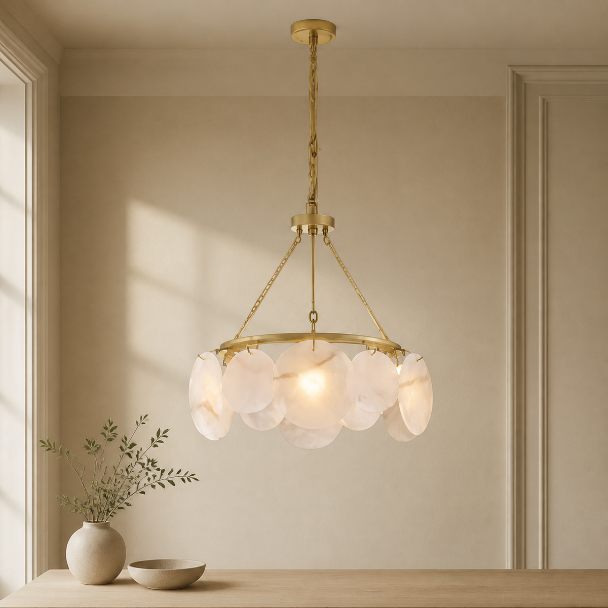 Calamete Alabaster Chandelier in a warm neutral Pamlamp interior