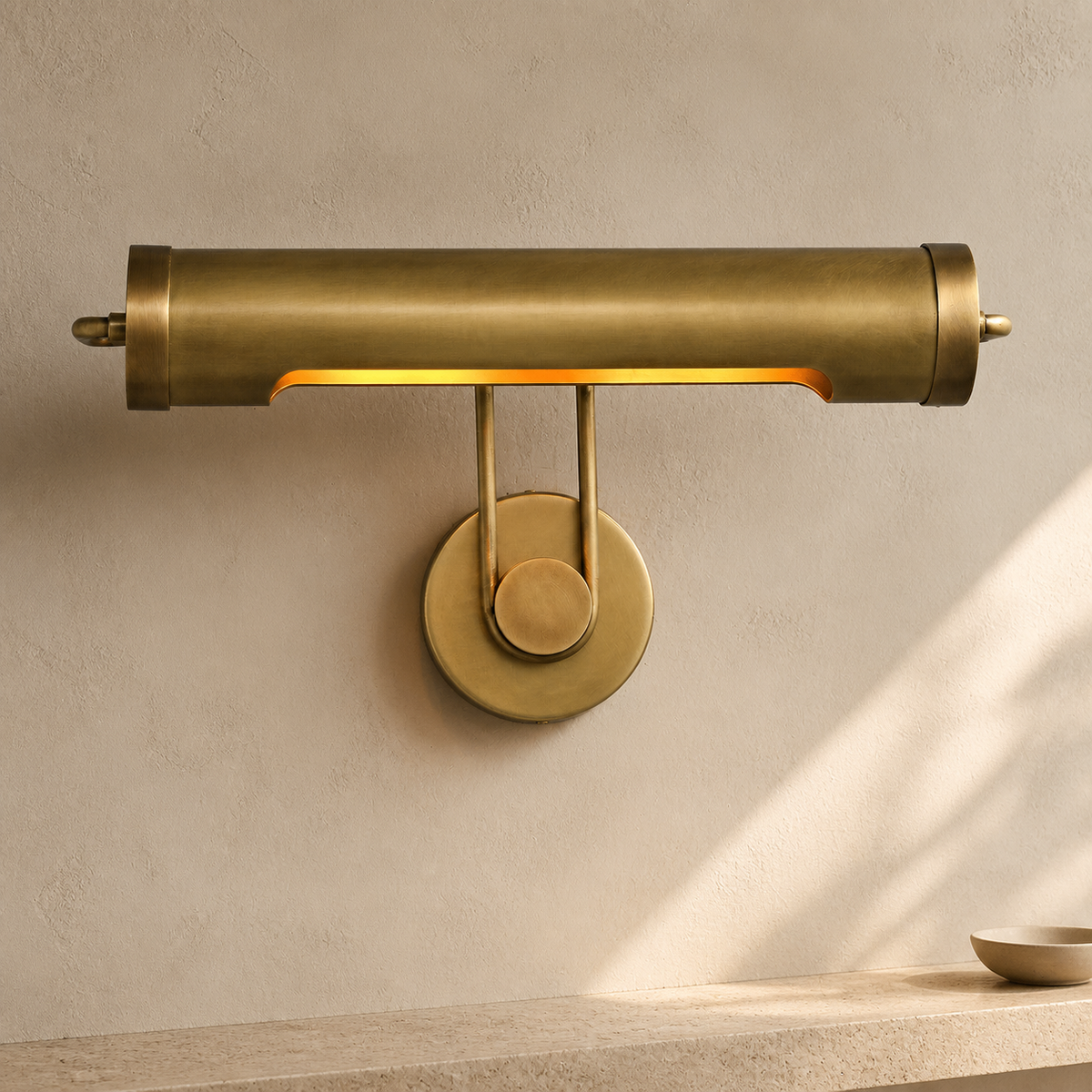 Chole Tube Modern Brass Picture Light in a warm neutral Pamlamp interior