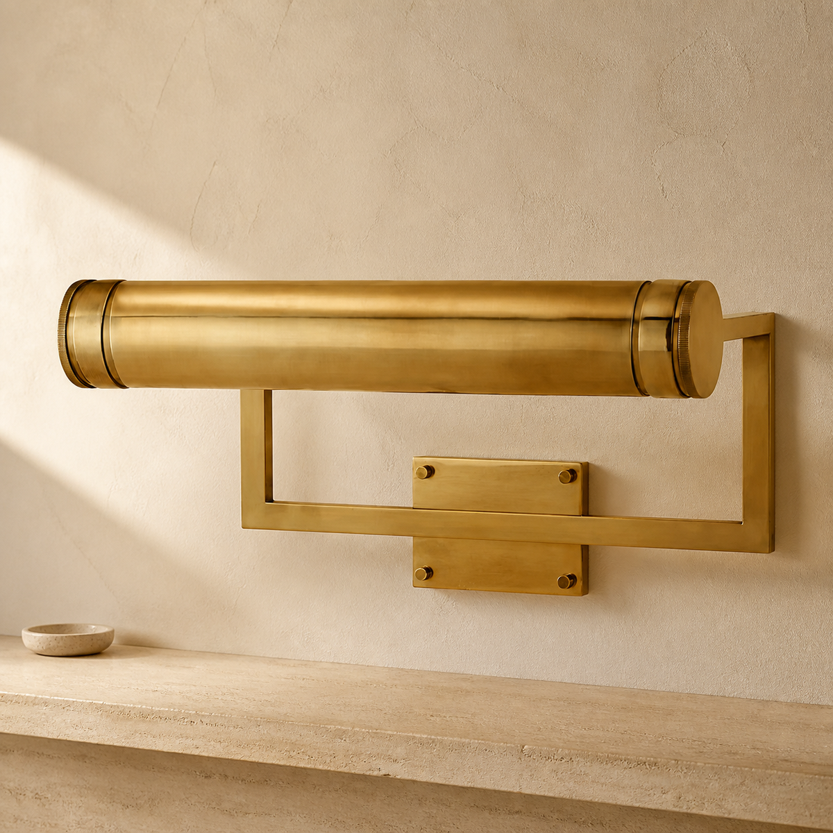 Cosmopolitan Modern Brass Picture Light in a warm neutral Pamlamp interior