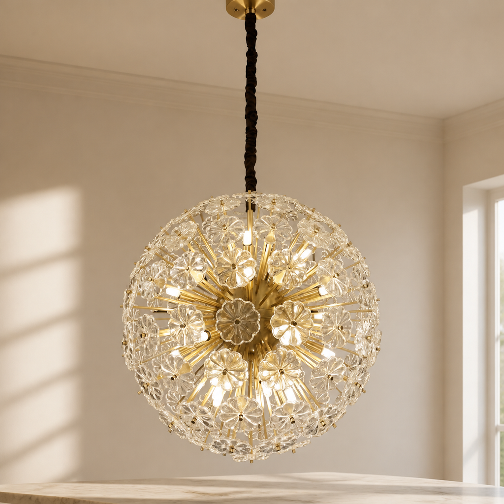 Dandelion Flowers Modern Crystal Spherical Chandelier Light in a warm neutral Pamlamp interior