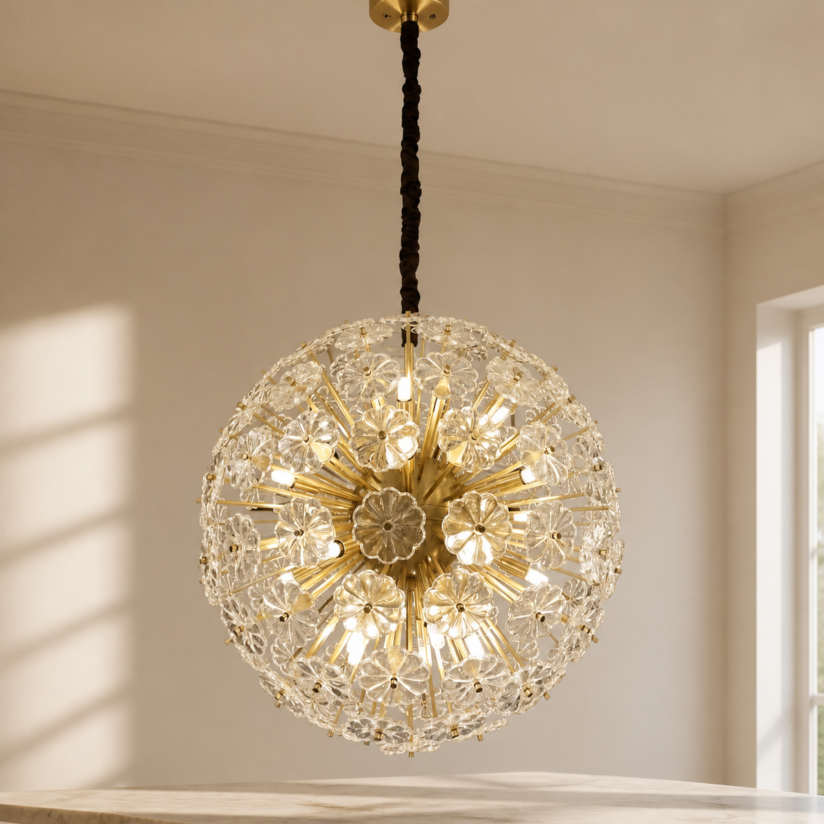 Dandelion Flowers Modern Crystal Spherical Chandelier Light in a warm neutral Pamlamp interior