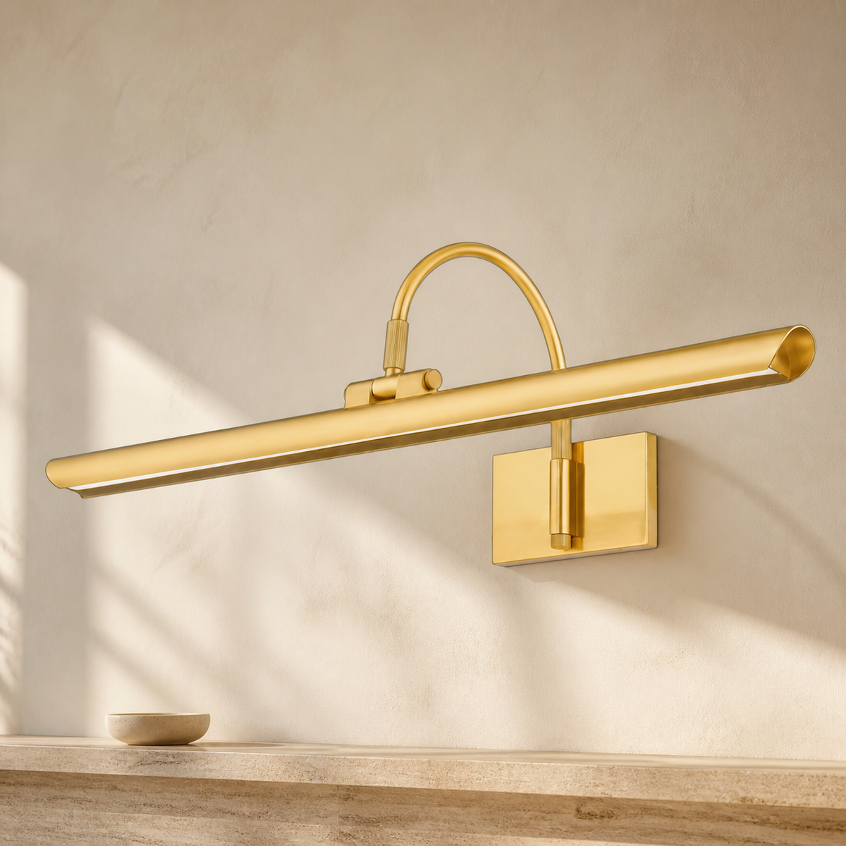 Elowyn Modern Brass Picture Light in a warm neutral Pamlamp interior