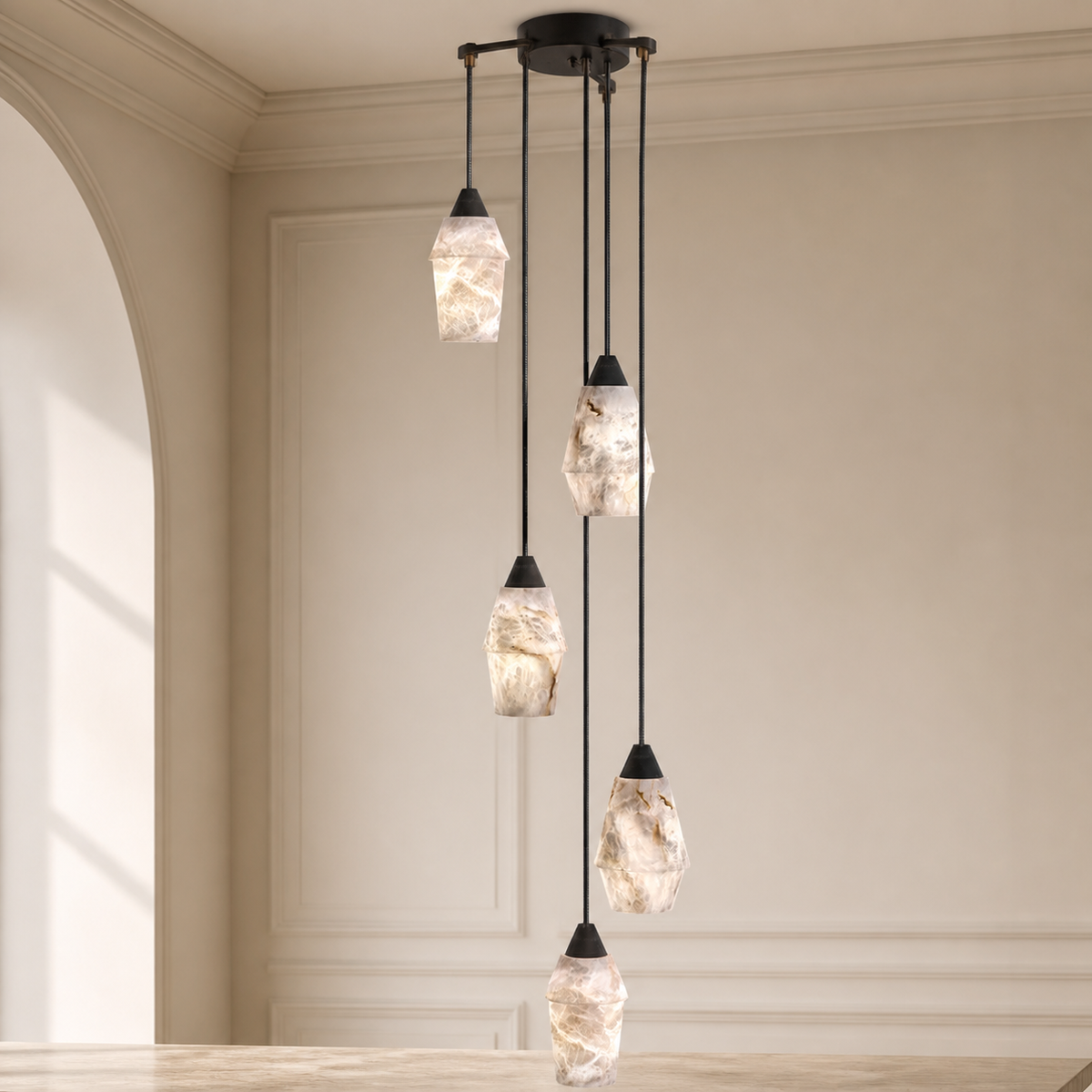 Emilia Alabaster Pendant Lighting Over Dining Table in a warm neutral Pamlamp interior