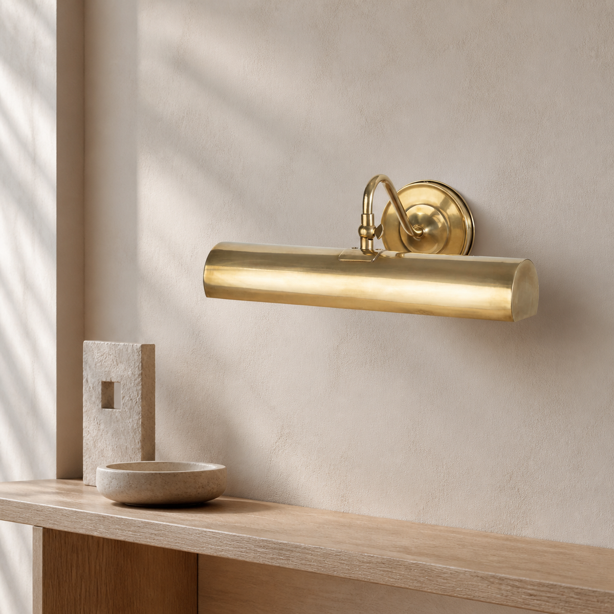 Gallery Modern Brass Picture Sconce in a warm neutral Pamlamp interior