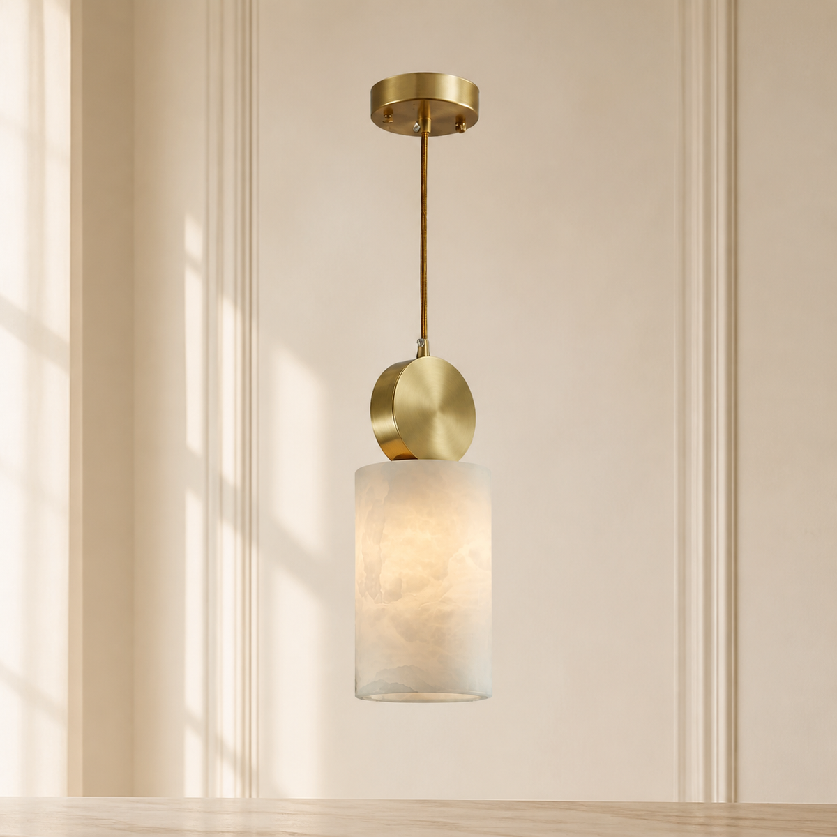 Ginevra Alabaster Pendant Light in a warm neutral Pamlamp interior