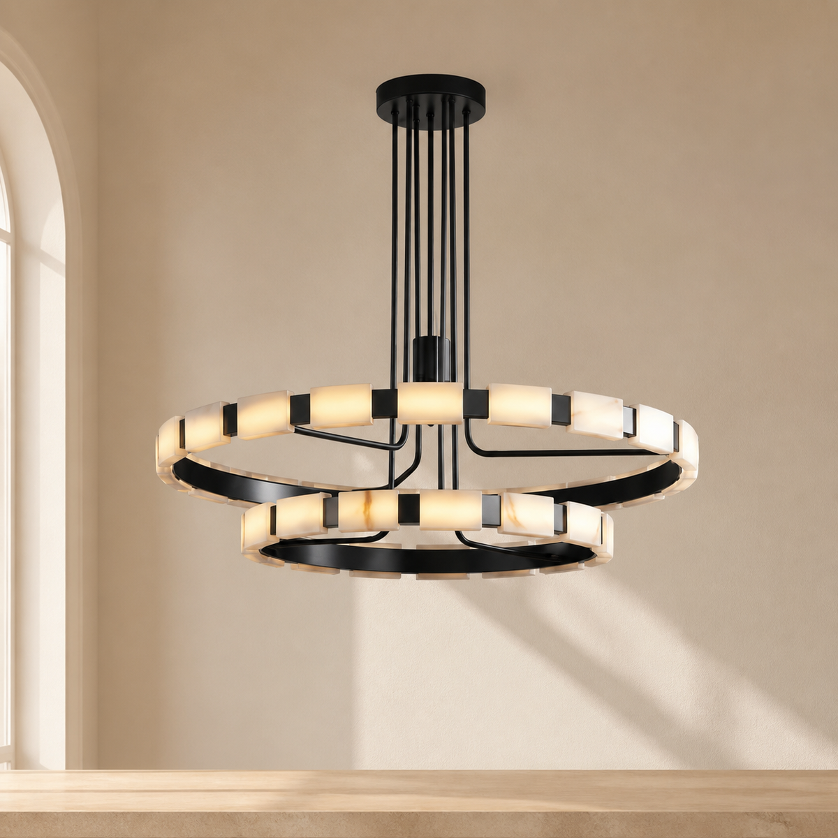 Just Spanish Marble Lustres LED Chandelier in a warm neutral Pamlamp interior