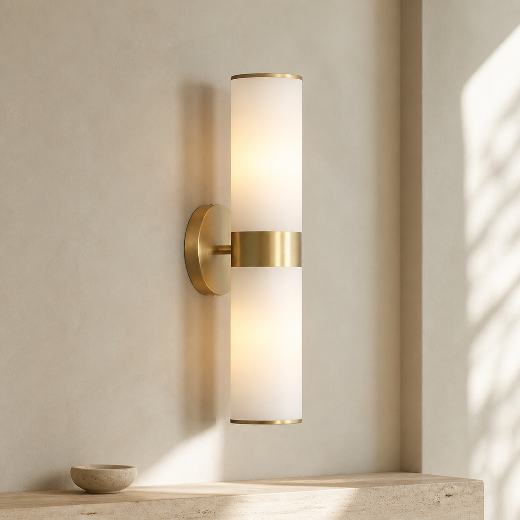 Sutton Linear Alabaster Wall Sconce in a warm neutral Pamlamp interior