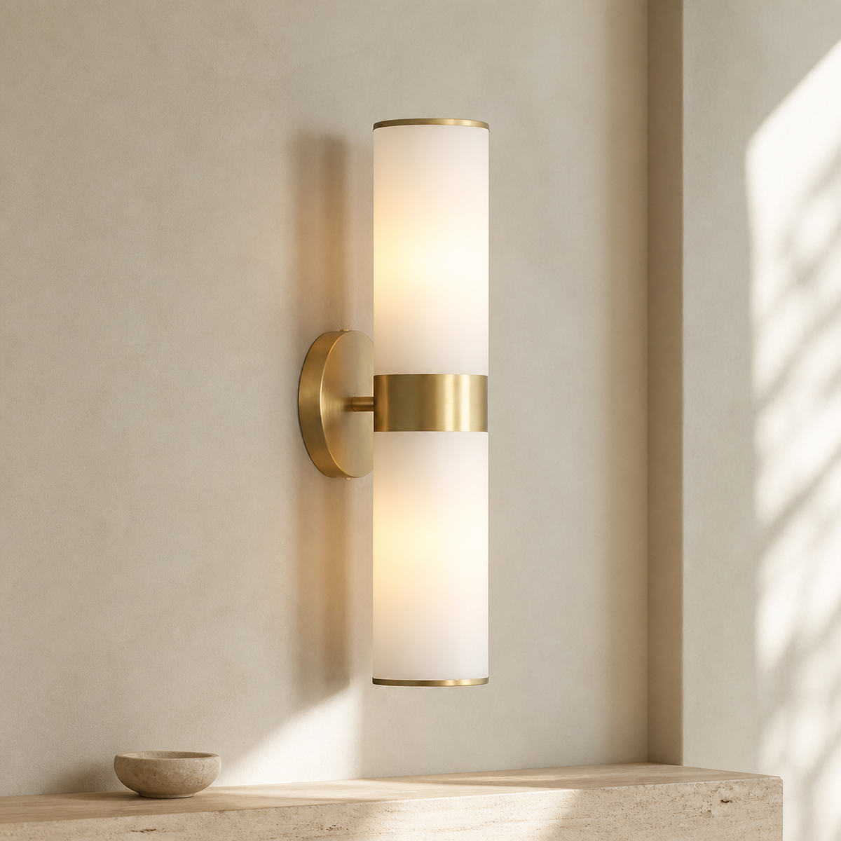 Sutton Linear Alabaster Wall Sconce in a warm neutral Pamlamp interior