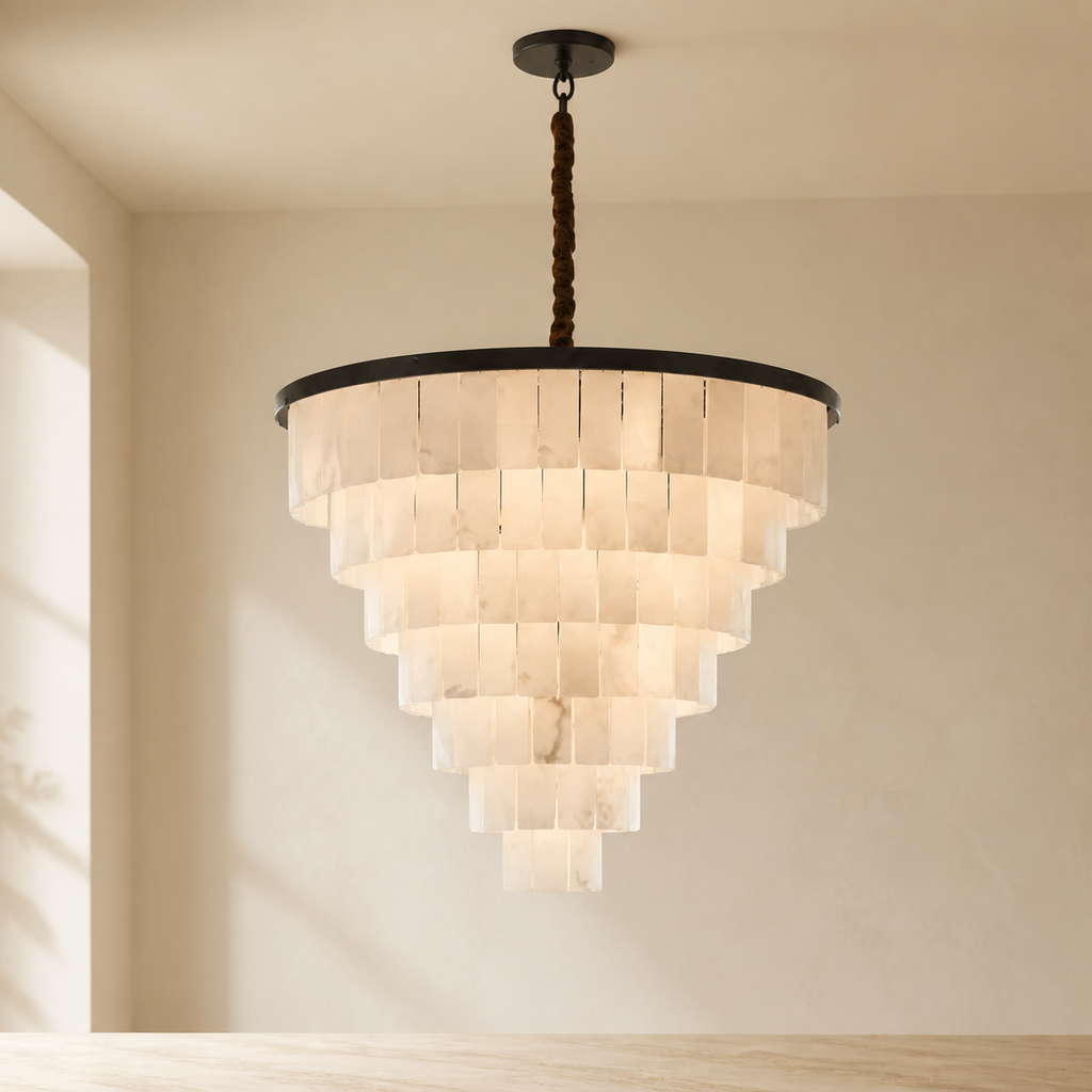 Luxurious Tiered Alabaster Chandelier in a warm neutral Pamlamp interior