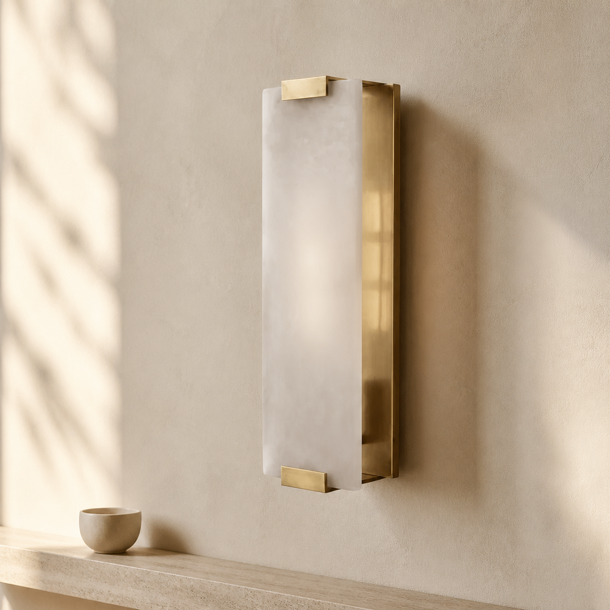 Modern Alabaster Grand Sconce in a warm neutral Pamlamp interior