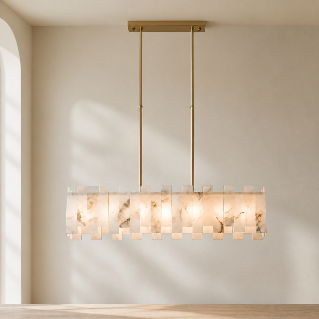 Regina Alabaster Linear Chandelier in a warm neutral Pamlamp interior