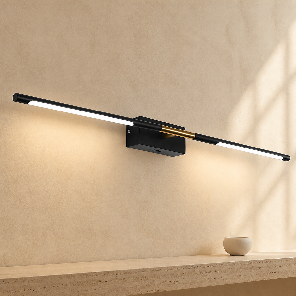 Modern Brass Gold LED Bathroom Vanity Light in a warm neutral Pamlamp interior
