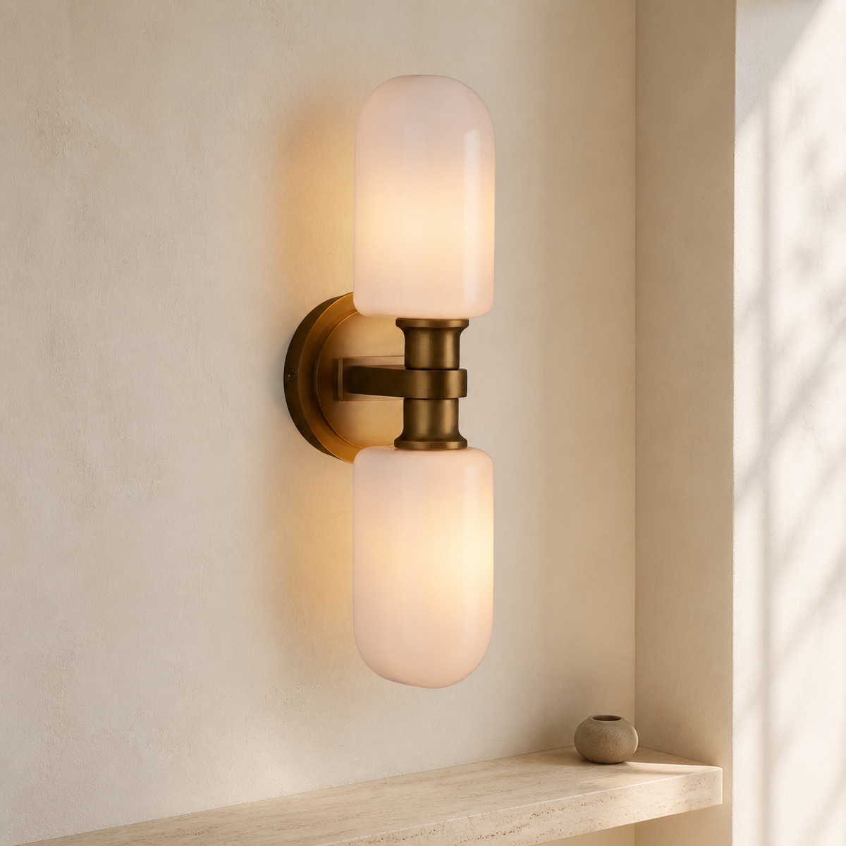 Modern Luxury Zayd Double Sconce in a warm neutral Pamlamp interior