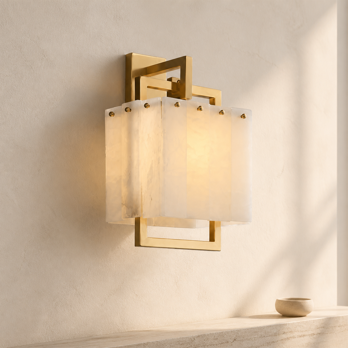 Modern Mid-Century Cube Copper Marble 1-Light Wall Sconce Lamp in a warm neutral Pamlamp interior