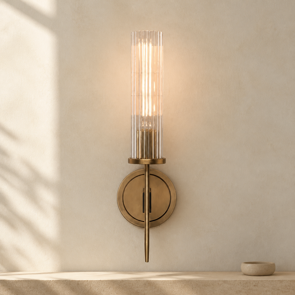 Modern Skylark Wall Sconce, Glass Wall Light in a warm neutral Pamlamp interior