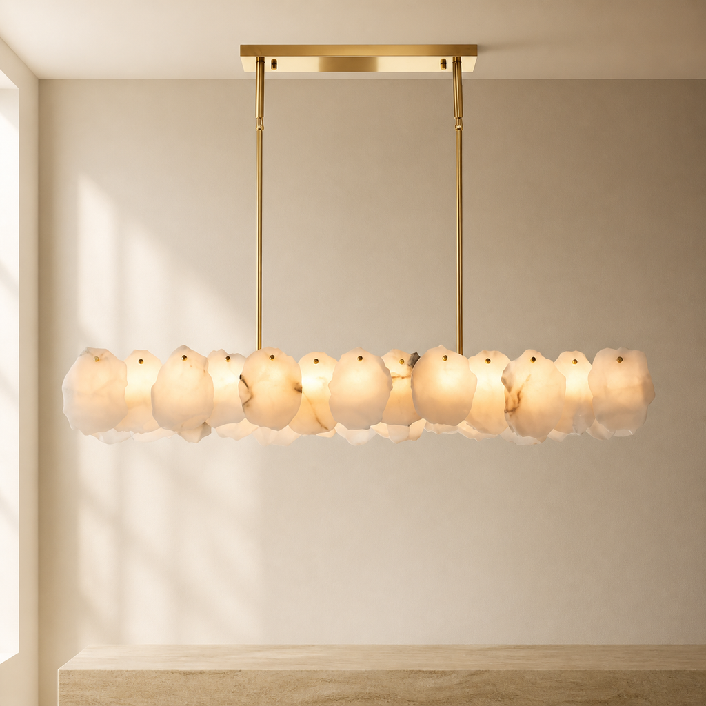 Nasile Alabaster Linear Chandelier (Rod) in a warm neutral Pamlamp interior