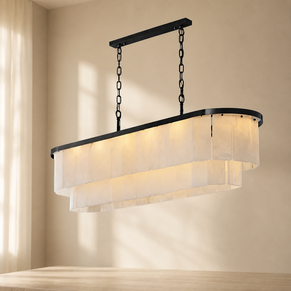 Natural Alabaster Chandelier in a warm neutral Pamlamp interior