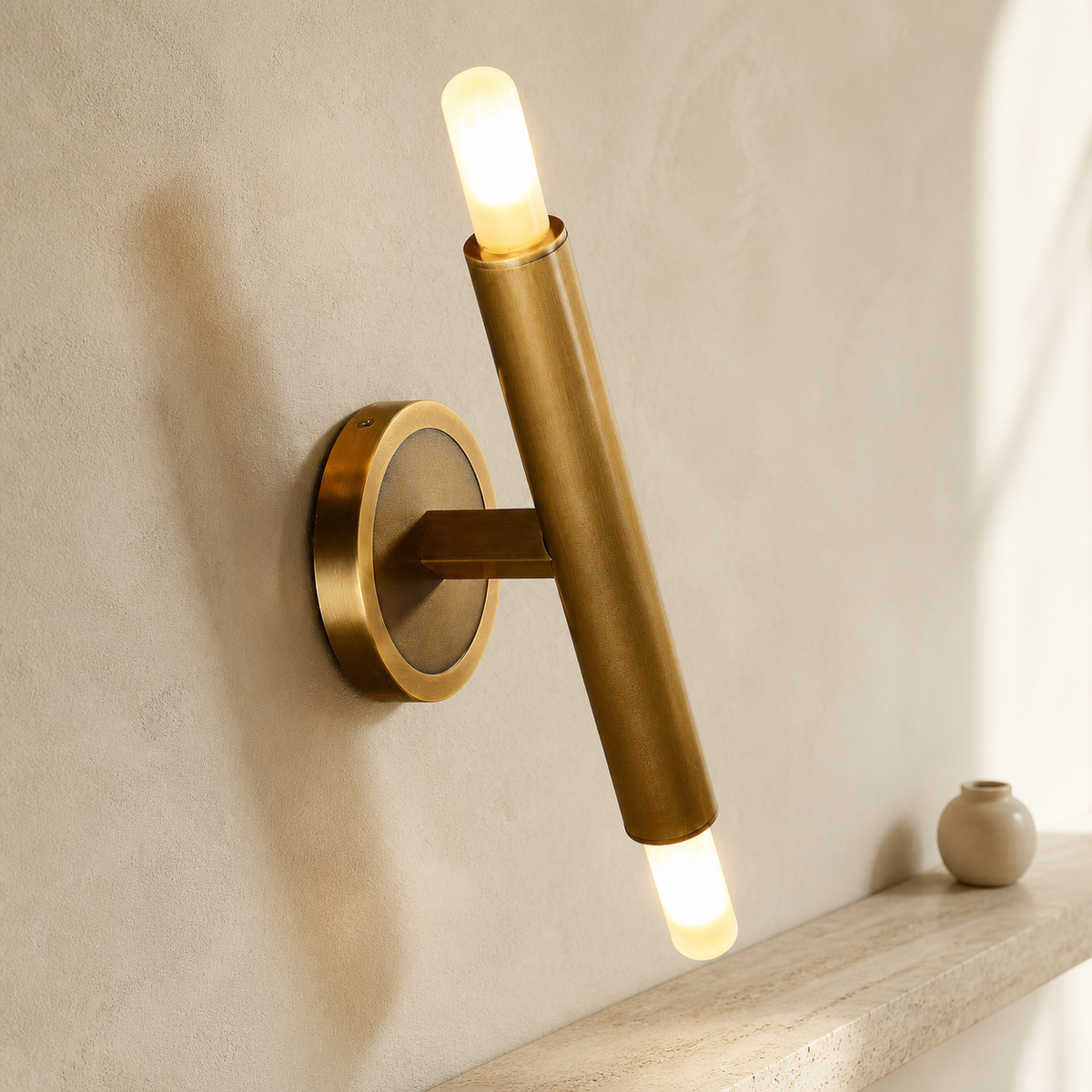 Patrick Modern Brass Sconce Bronze in a warm neutral Pamlamp interior
