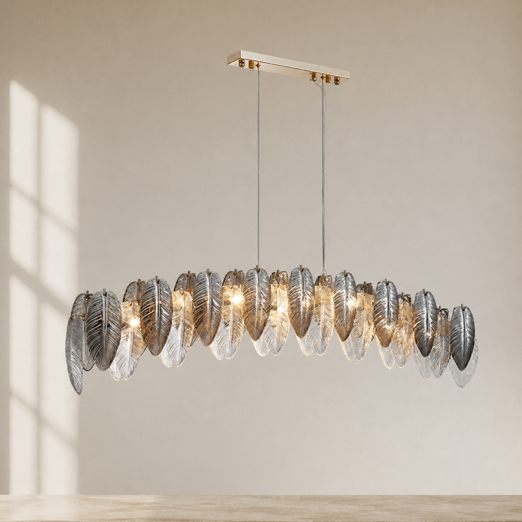 Roscoe Dining Room Linear Chandelier in a warm neutral Pamlamp interior