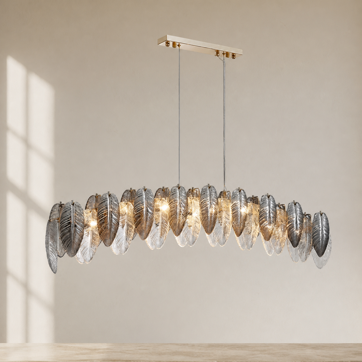 Roscoe Dining Room Linear Chandelier in a warm neutral Pamlamp interior