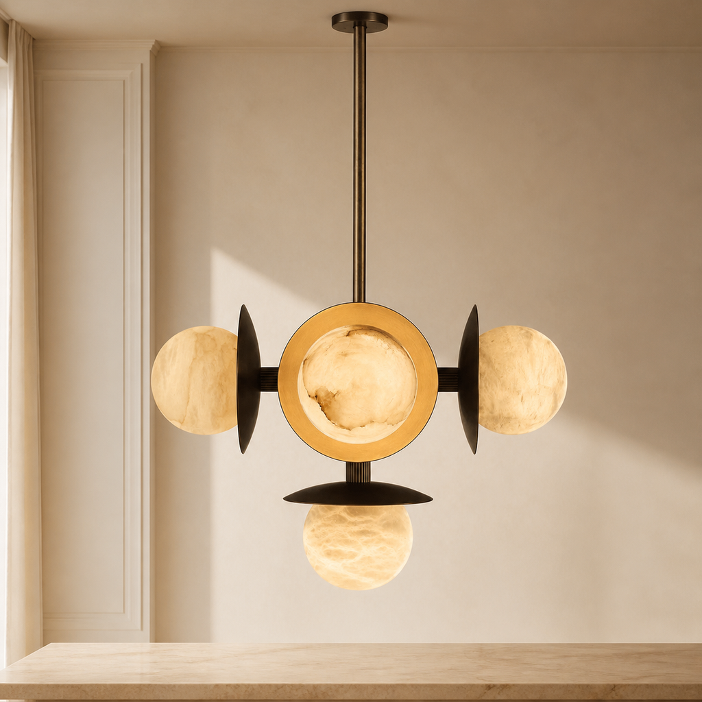 Snowflake Alabaster Orb Chandelier in a warm neutral Pamlamp interior