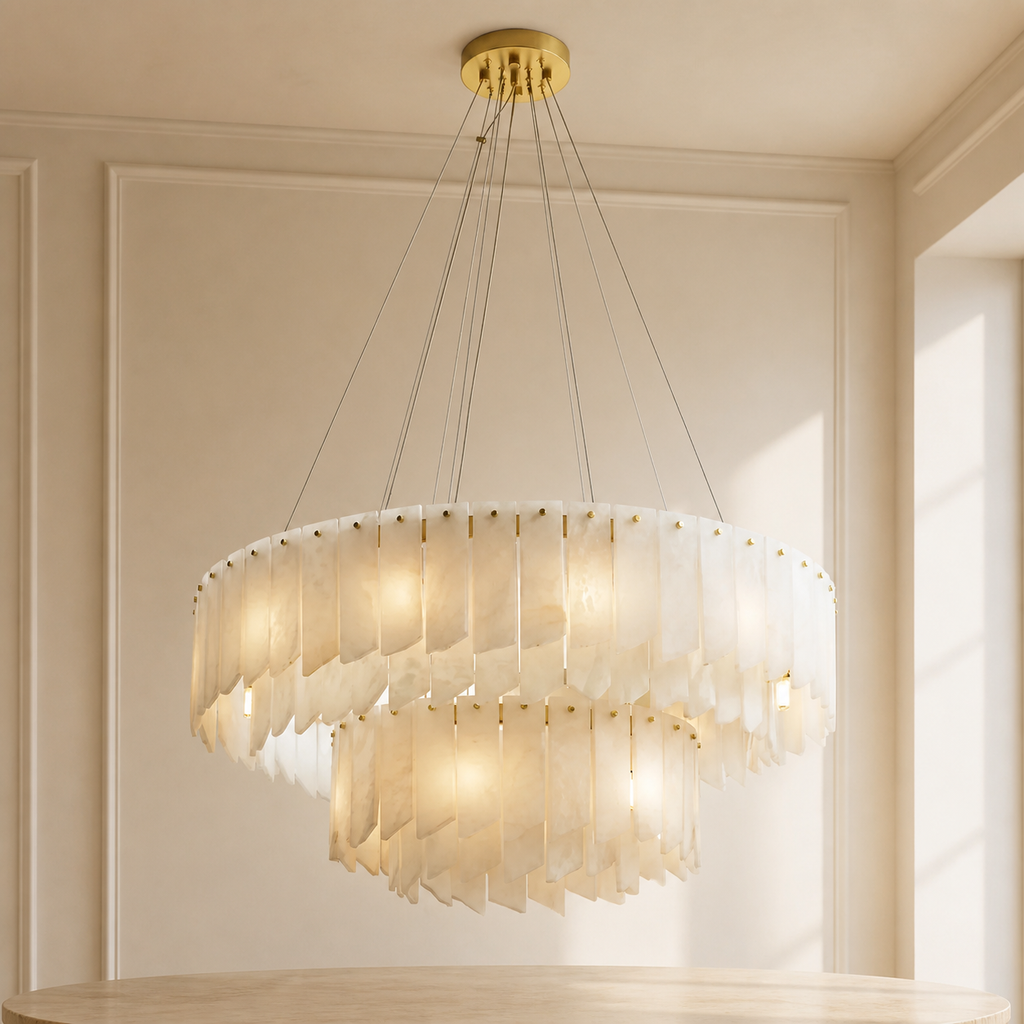 Snowflake Gypsum Waterfall-Style Double-Tier Chandelier in a warm neutral Pamlamp interior