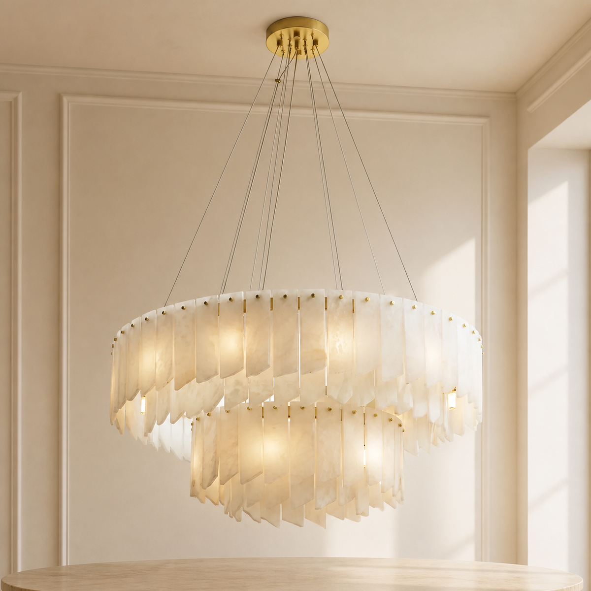 Snowflake Gypsum Waterfall-Style Double-Tier Chandelier in a warm neutral Pamlamp interior