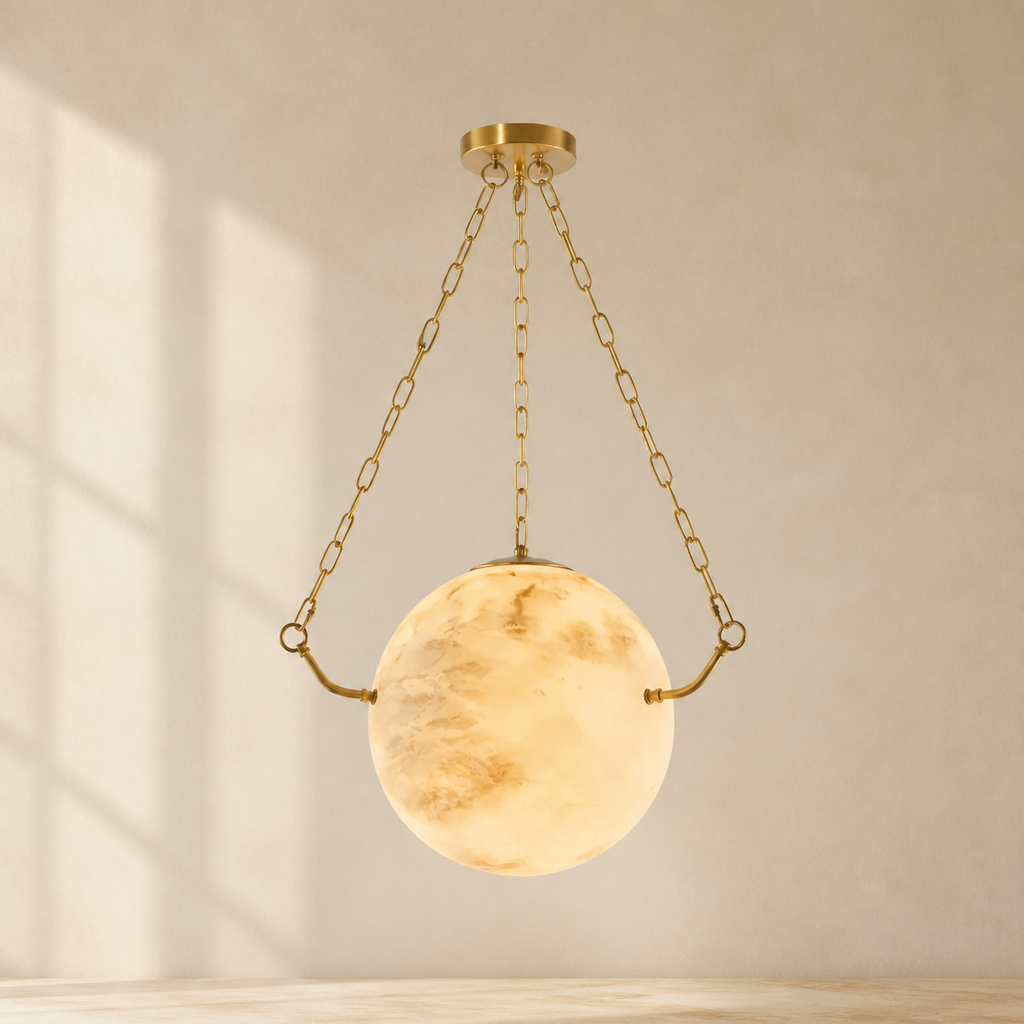 Sphere Atlas Alabaster Pendant Lamp in a warm neutral Pamlamp interior