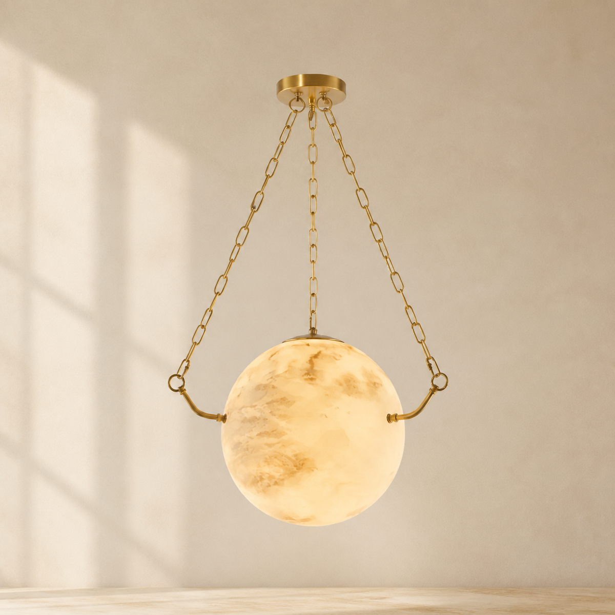 Sphere Atlas Alabaster Pendant Lamp in a warm neutral Pamlamp interior
