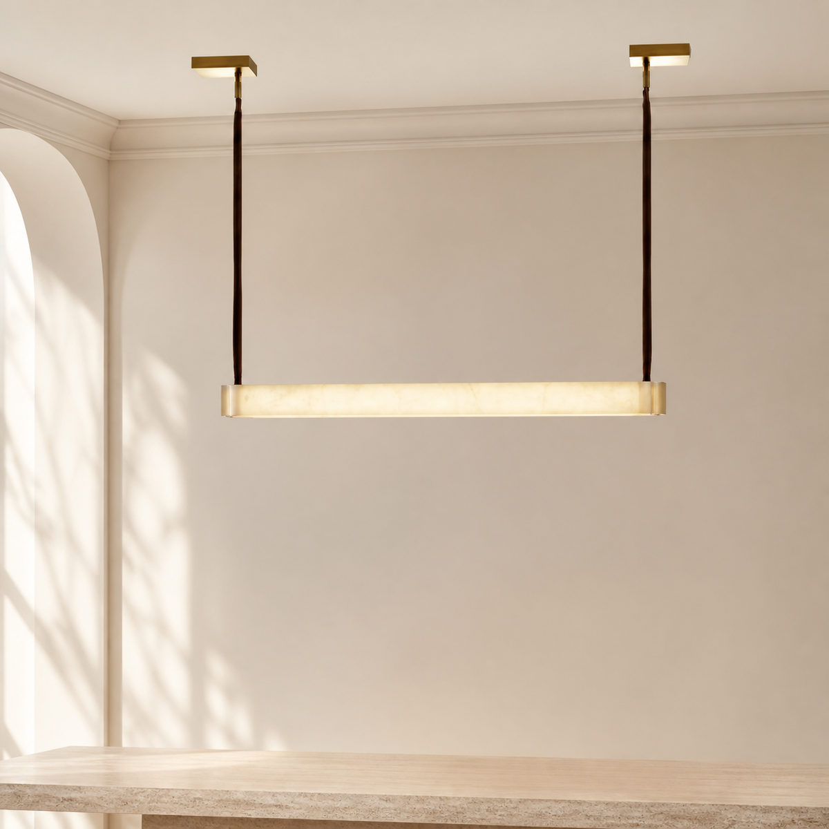 TERRA Linear Alabaster Pendant with Leather in a warm neutral Pamlamp interior